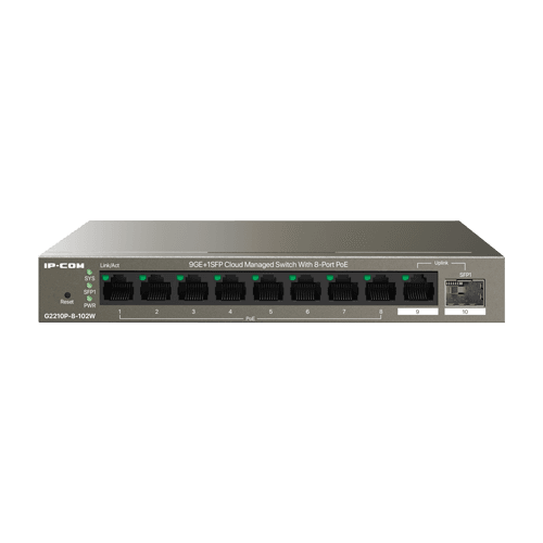 Switch 8 porturi PoE Gigabit, uplink 1 x RJ45 + 1 x SFP Gigabit, 92W, Cloud Management - IP-COM G2210P-8-102W